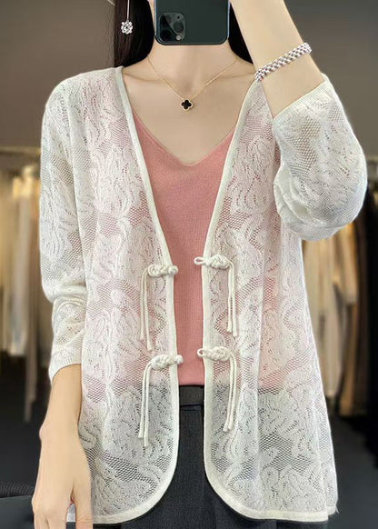 White V Neck Chinese Button Knit Cardigan Fall Ab1049