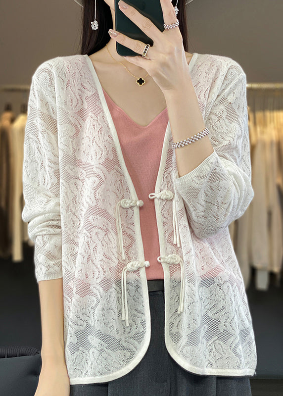 White V Neck Chinese Button Knit Cardigan Fall Ab1049