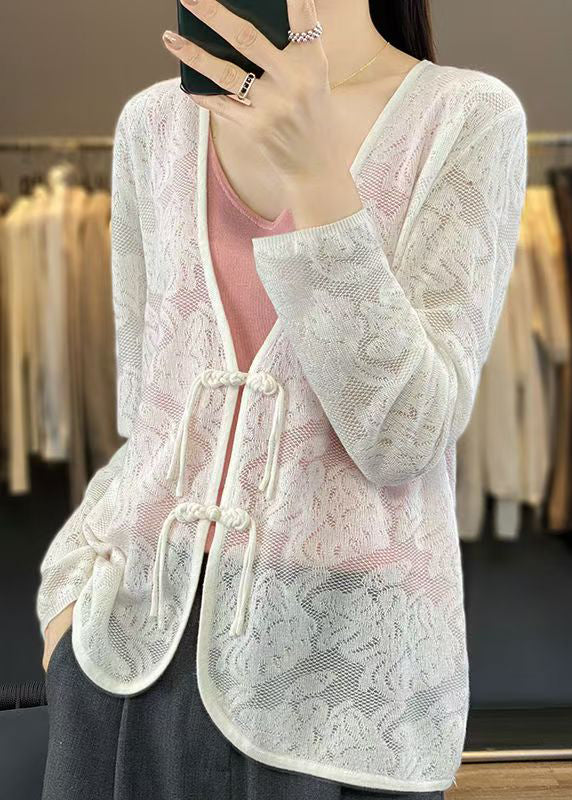 White V Neck Chinese Button Knit Cardigan Fall Ab1049
