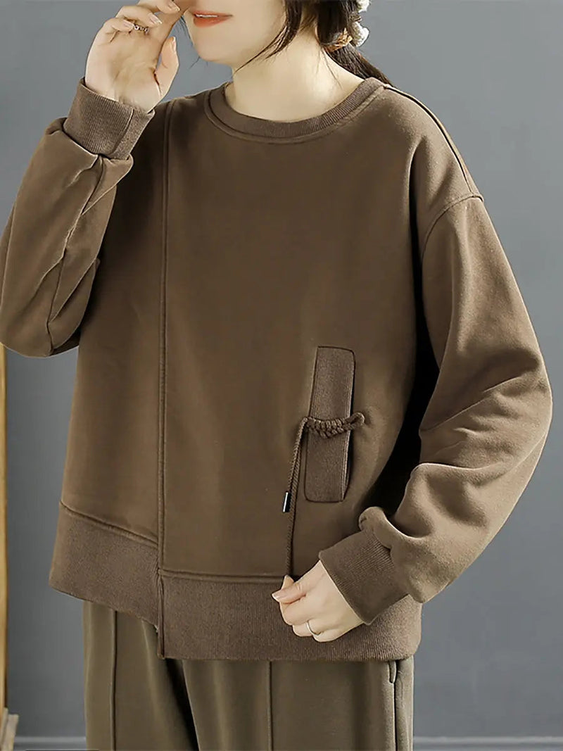 Cotton Irregular Spliced Fleece-lined Sweatshirt