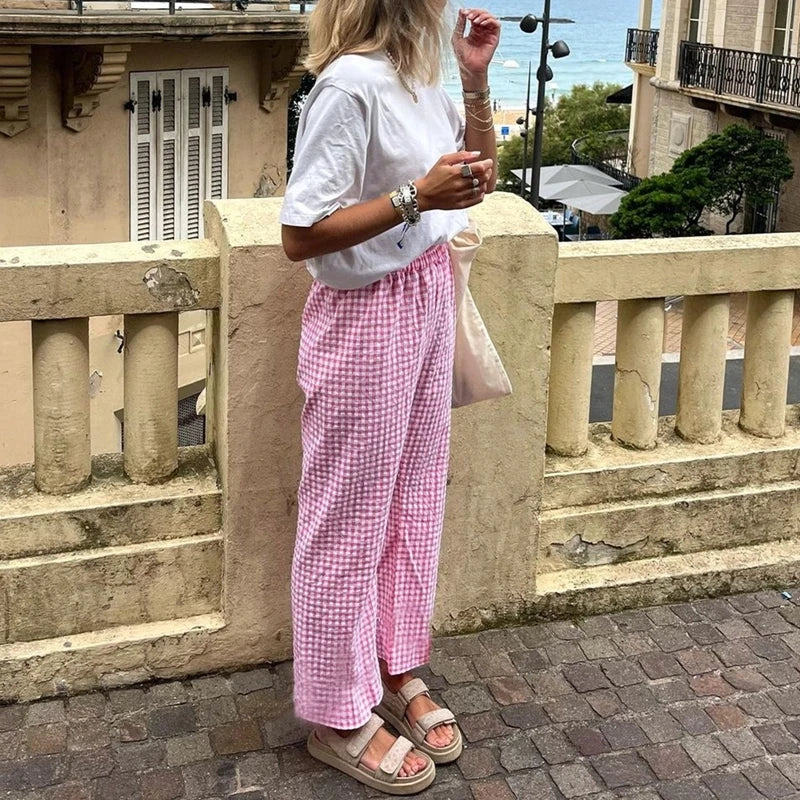 Gingham Print Elastic Waist Drawstring Lounge Pant
