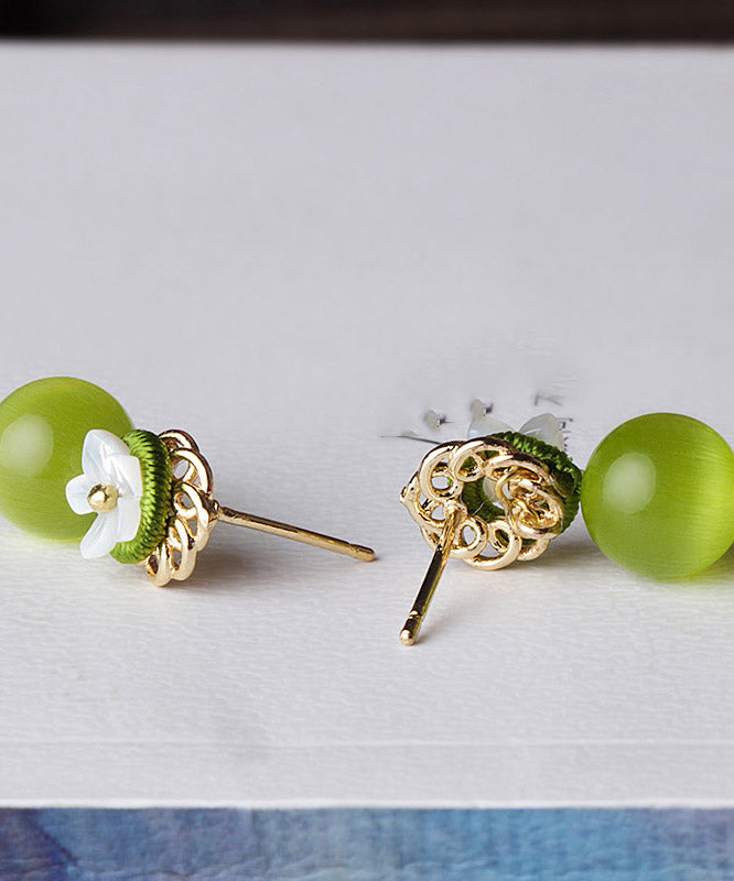 Yellow Green Shell Flower Cymophanite Drop Earrings