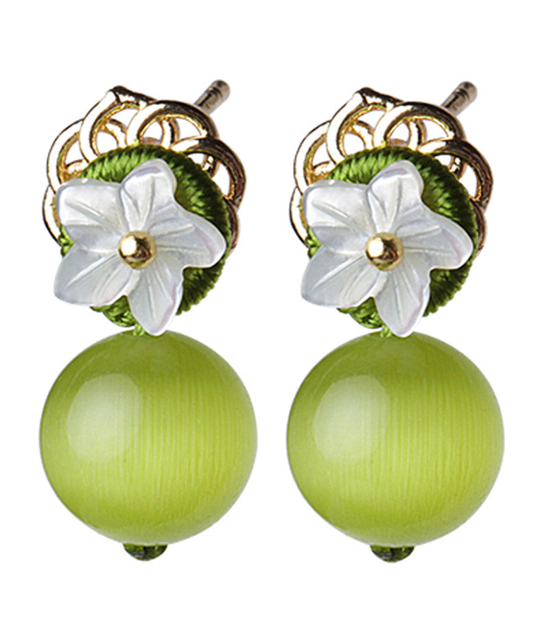 Yellow Green Shell Flower Cymophanite Drop Earrings