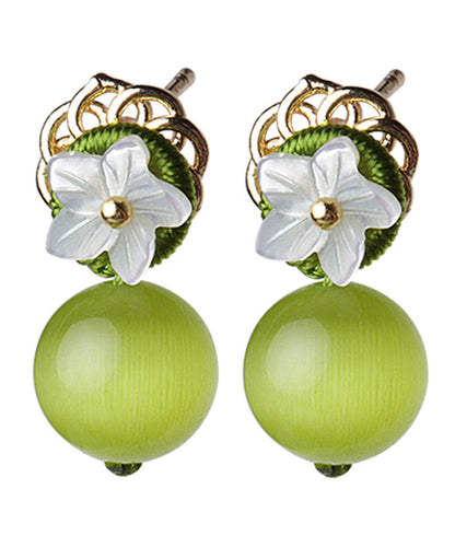 Yellow Green Shell Flower Cymophanite Drop Earrings