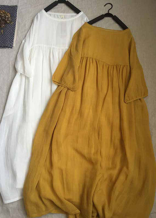 Yellow O-neck Patchwork Wrinkled Long Dresses Short Sleeve Gh1087