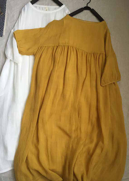 Yellow O-neck Patchwork Wrinkled Long Dresses Short Sleeve Gh1087