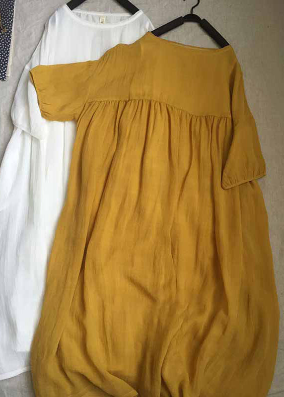 Yellow O-neck Patchwork Wrinkled Long Dresses Short Sleeve Gh1087