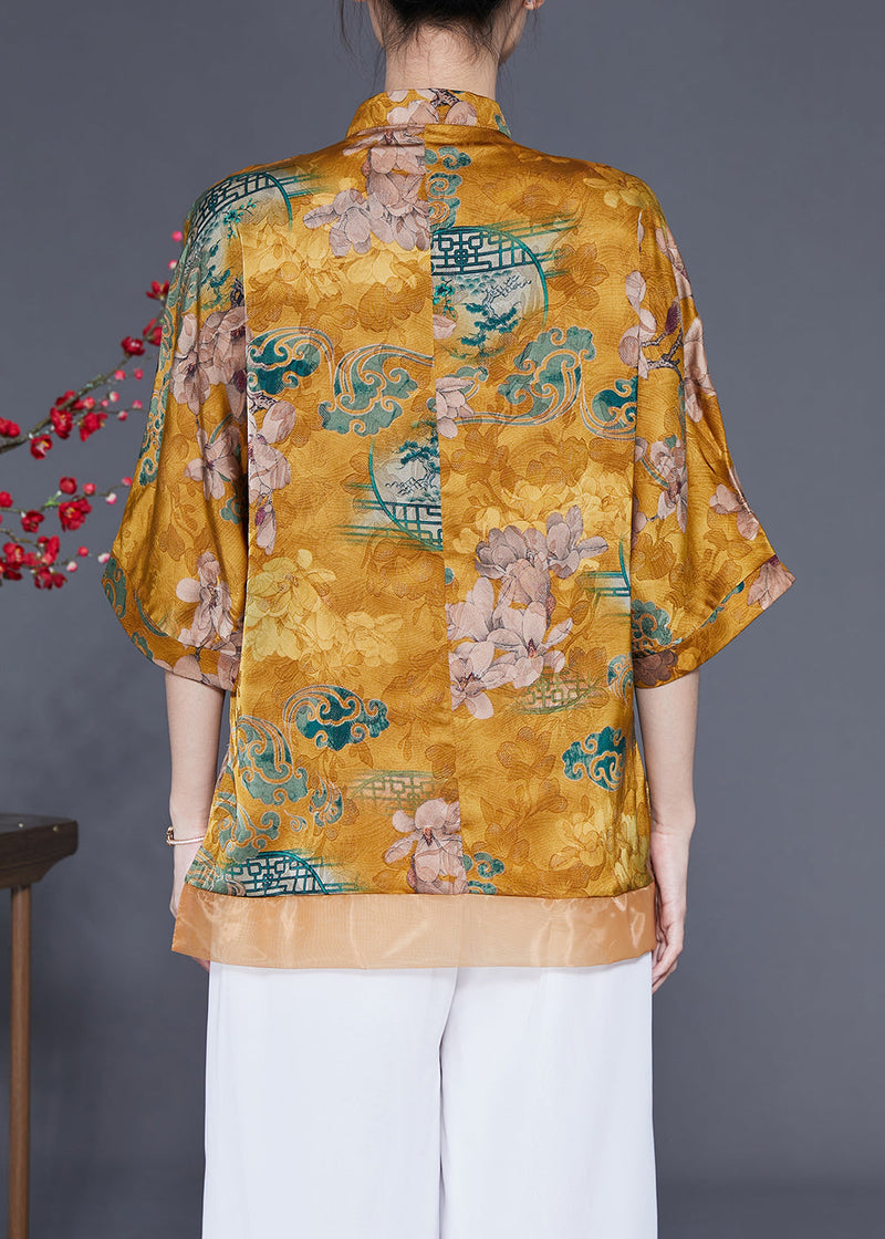 Yellow Stand Collar Patchwork Tassel Silk Blouses Half Sleeve Ly1856
