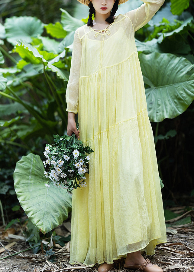 Yellow V Neck Patchwork Chiffon Vacation Long Dresses Spring Ly1787