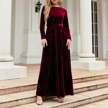 Autumn New Green Velvet Long Dress O-neck Lace-up Party Dress
