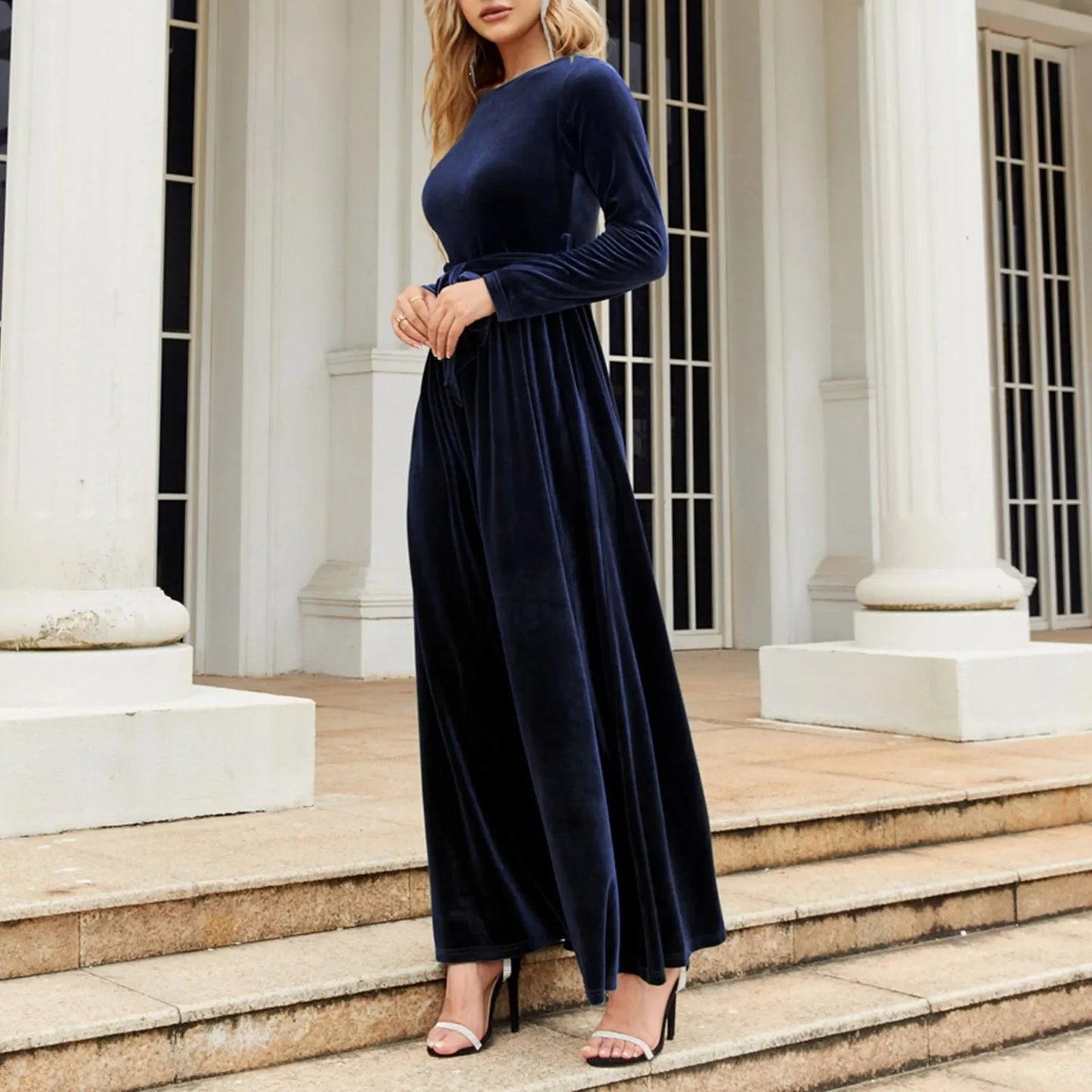 Autumn New Green Velvet Long Dress O-neck Lace-up Party Dress