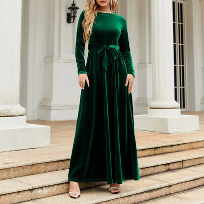 Autumn New Green Velvet Long Dress O-neck Lace-up Party Dress