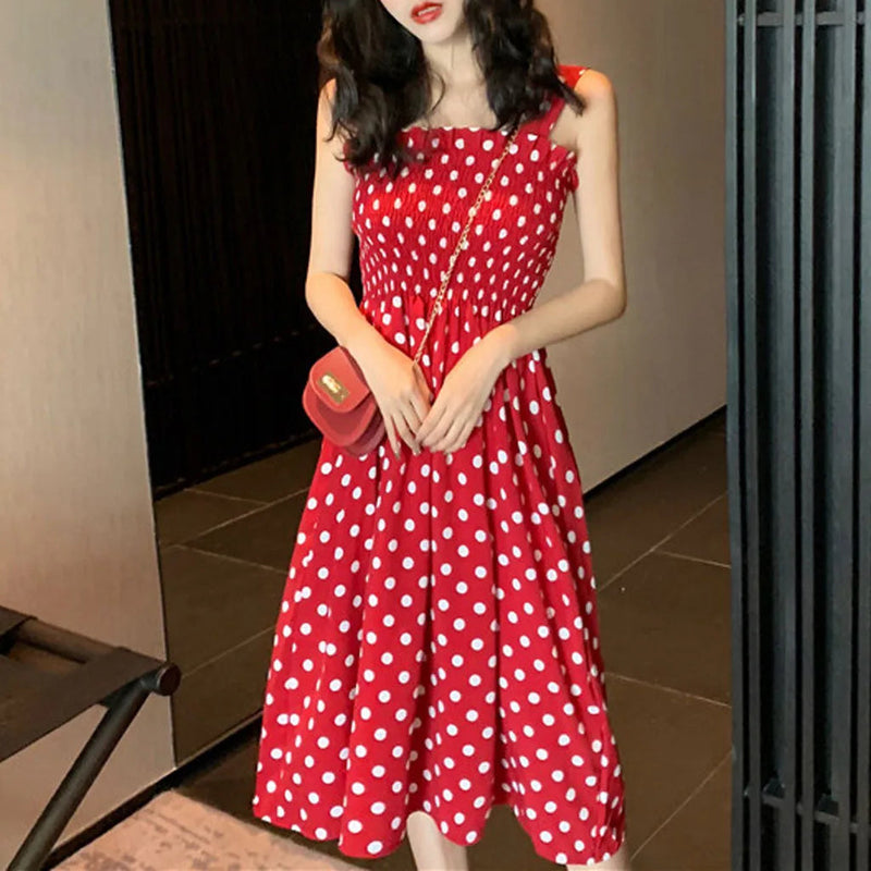 Summer Loose Polka Dot Shoulder Midi Dresses