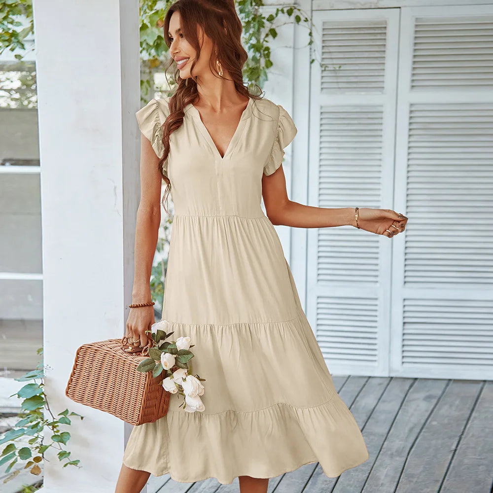 Loose V-neck Flying Leisure A-line Long Midi Dresses