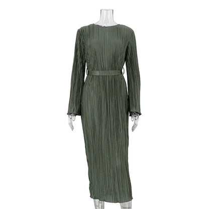 Maxi Autumn New Crew-neck Lace-up Pleated Midi Dresses