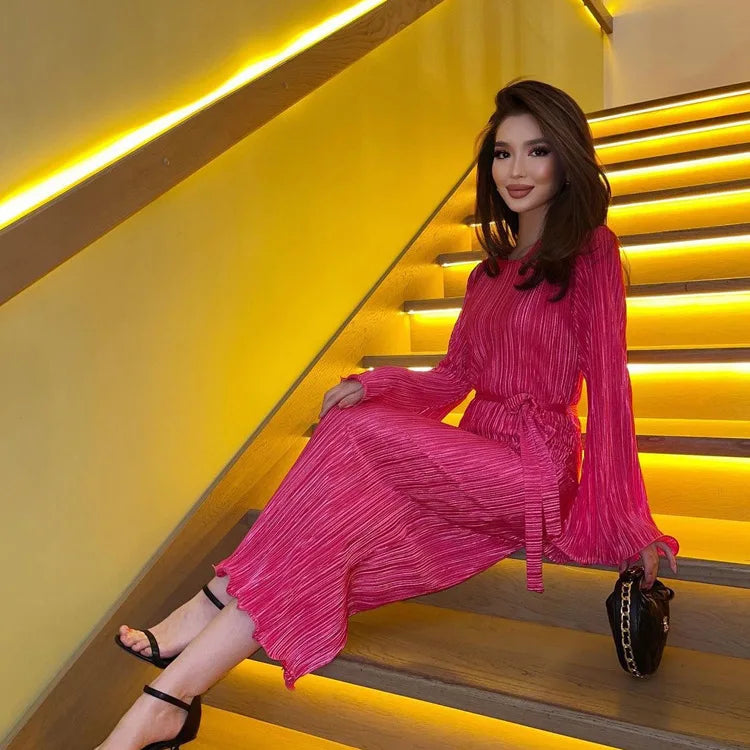 Maxi Autumn New Crew-neck Lace-up Pleated Midi Dresses