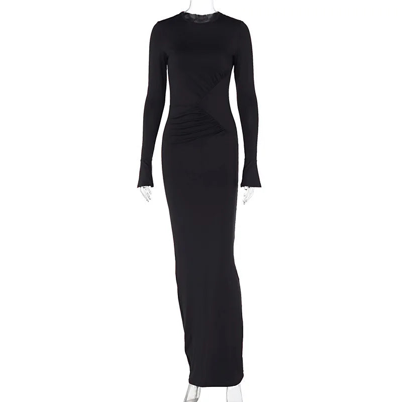 Maxi Autumn Winter New Crew-neck Personality Pleated Vestidos Midi Dresses