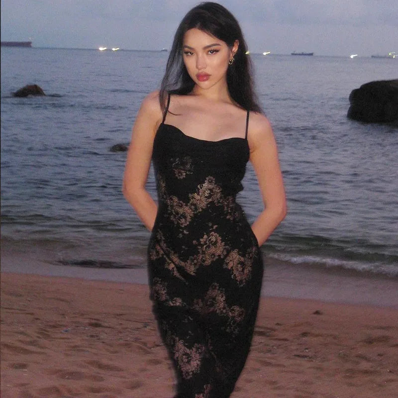 Autumn/winter Mesh Line Sleeveless Halter Vestido Midi Dresses