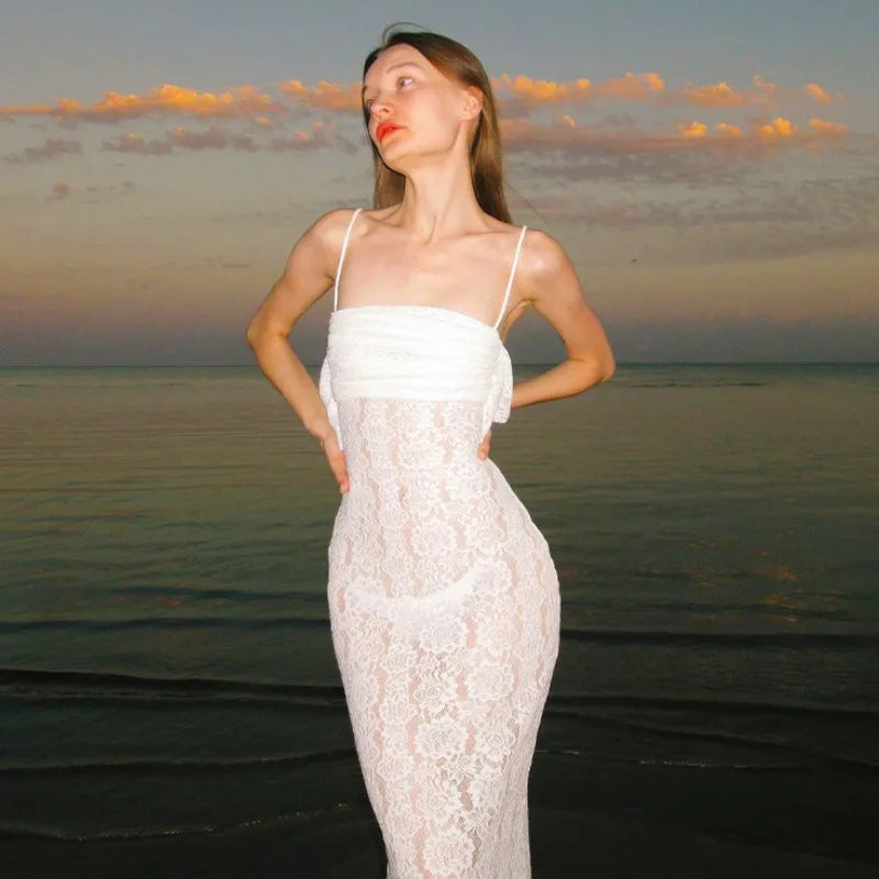 Maxi White Spring Summer Suspenders Low-cut Slim-fit Buttock Vestidos Midi Dresses