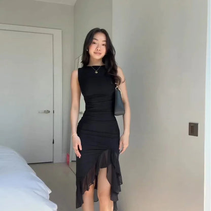 Ruffled Summer Autumn New Pure Sleeveless Waist Backless Trending Midi Dresses