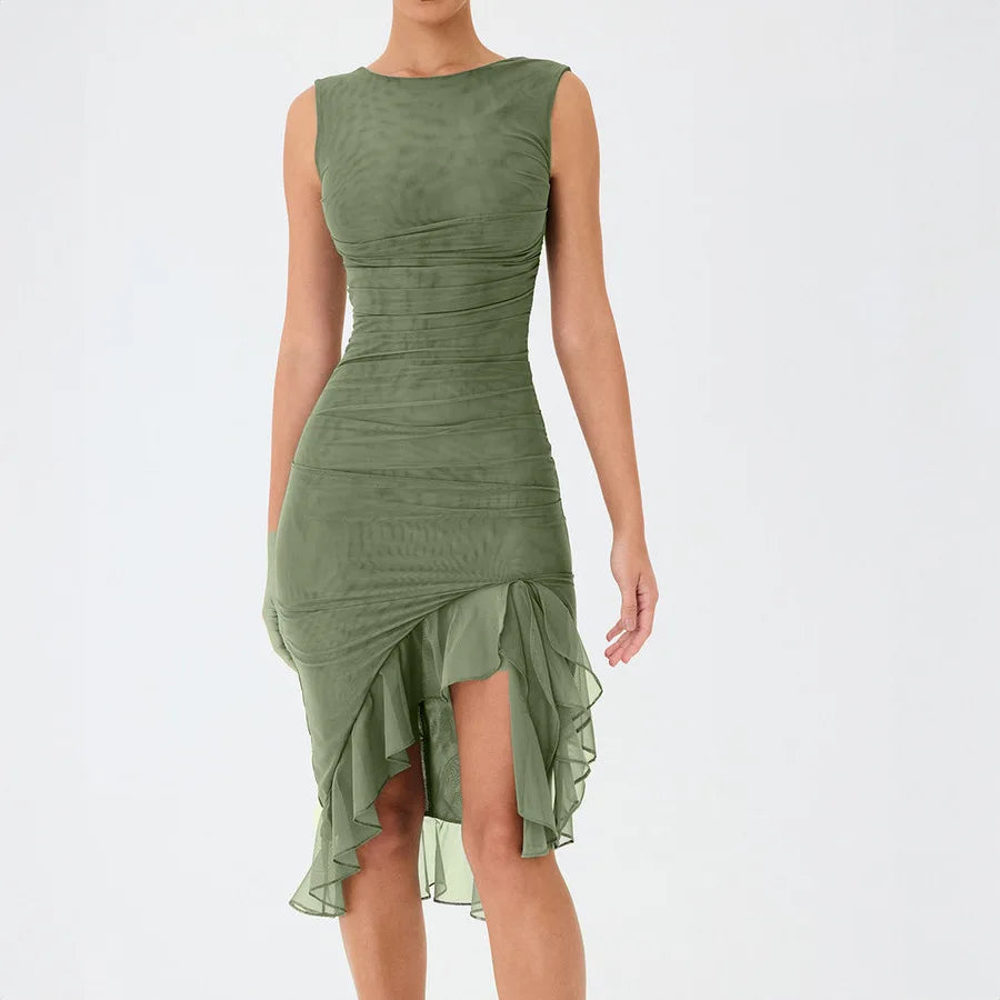 Ruffled Summer Autumn New Pure Sleeveless Waist Backless Trending Midi Dresses