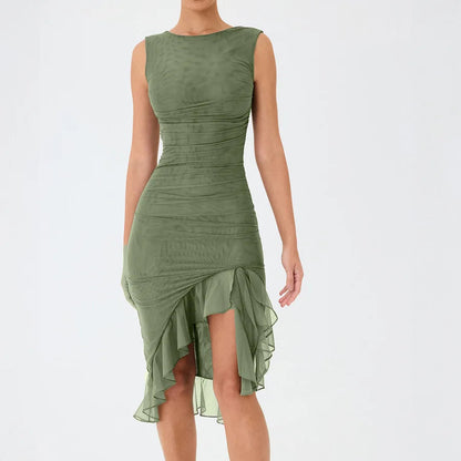 Ruffled Summer Autumn New Pure Sleeveless Waist Backless Trending Midi Dresses