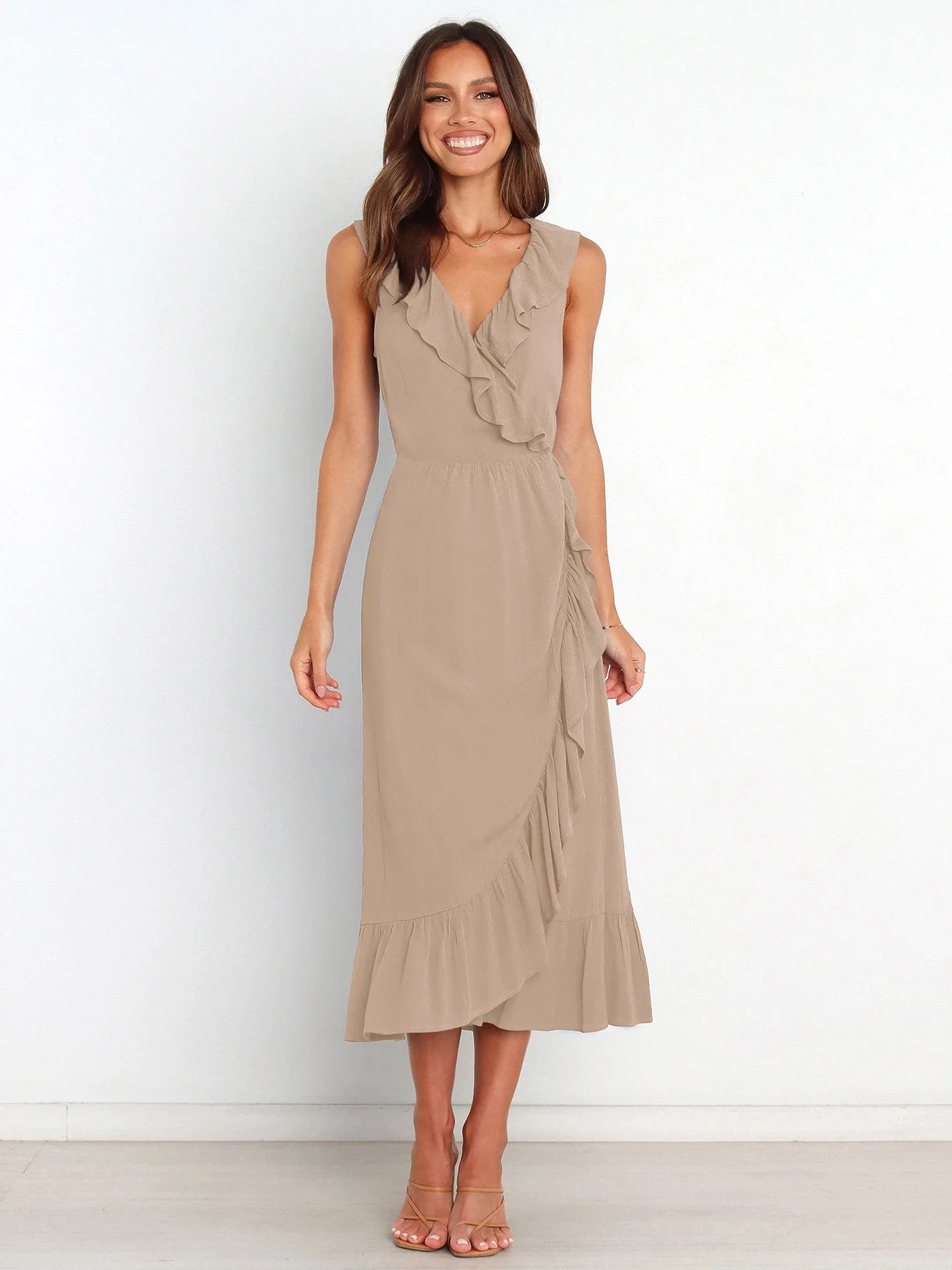 Ruffled Sleeveless V-neck Ruffled High-grade Traf Midi Dresses