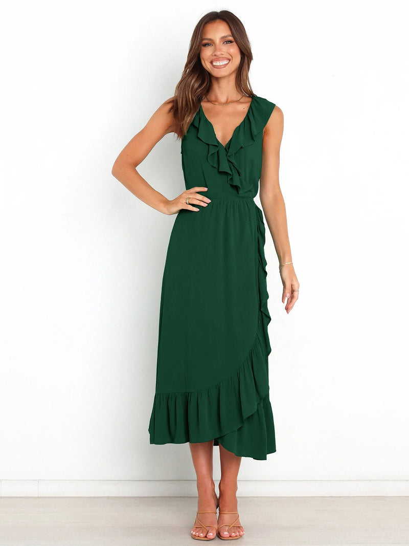 Ruffled Sleeveless V-neck Ruffled High-grade Traf Midi Dresses