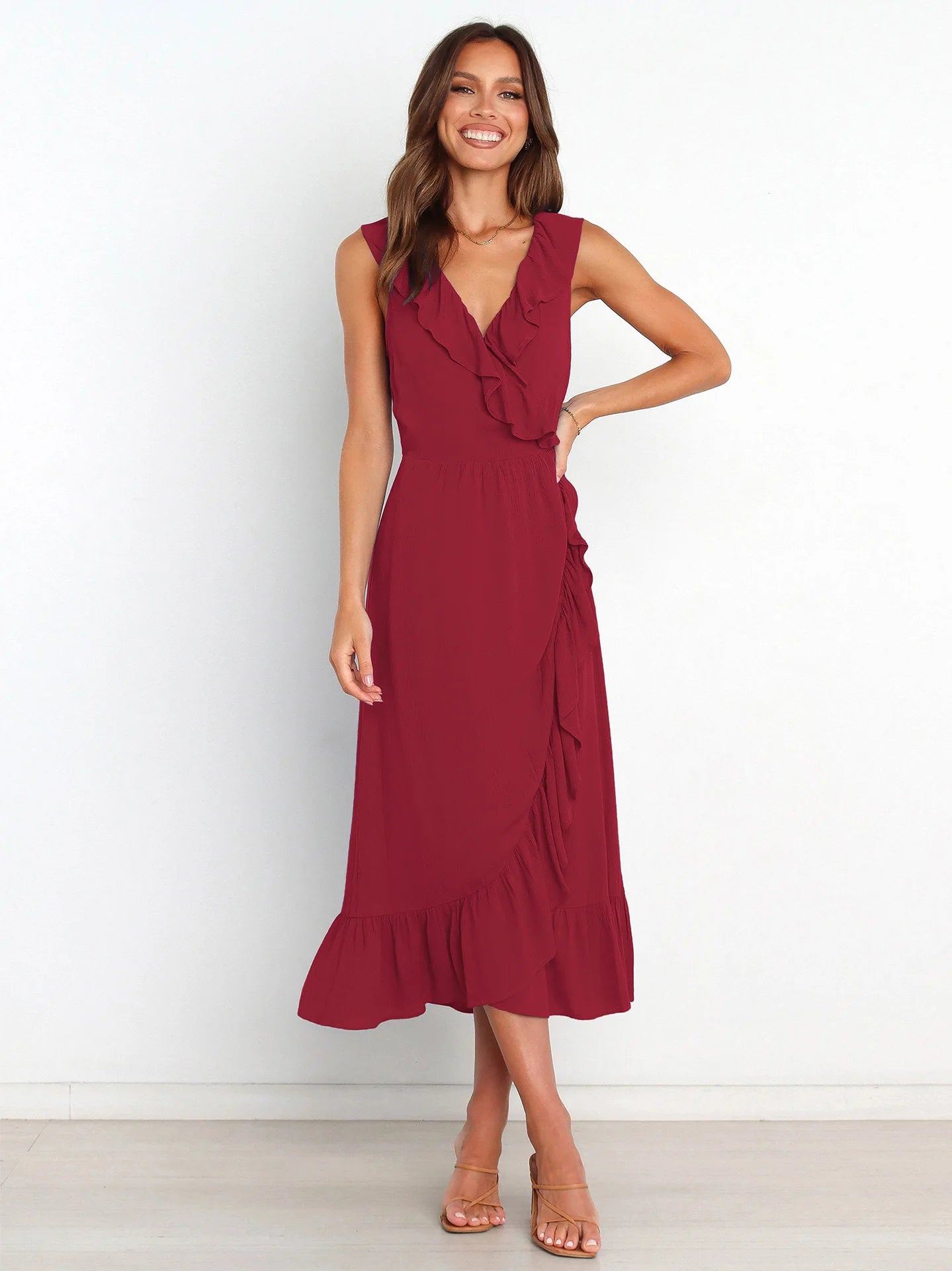 Ruffled Sleeveless V-neck Ruffled High-grade Traf Midi Dresses