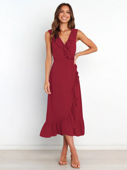 Ruffled Sleeveless V-neck Ruffled High-grade Traf Midi Dresses