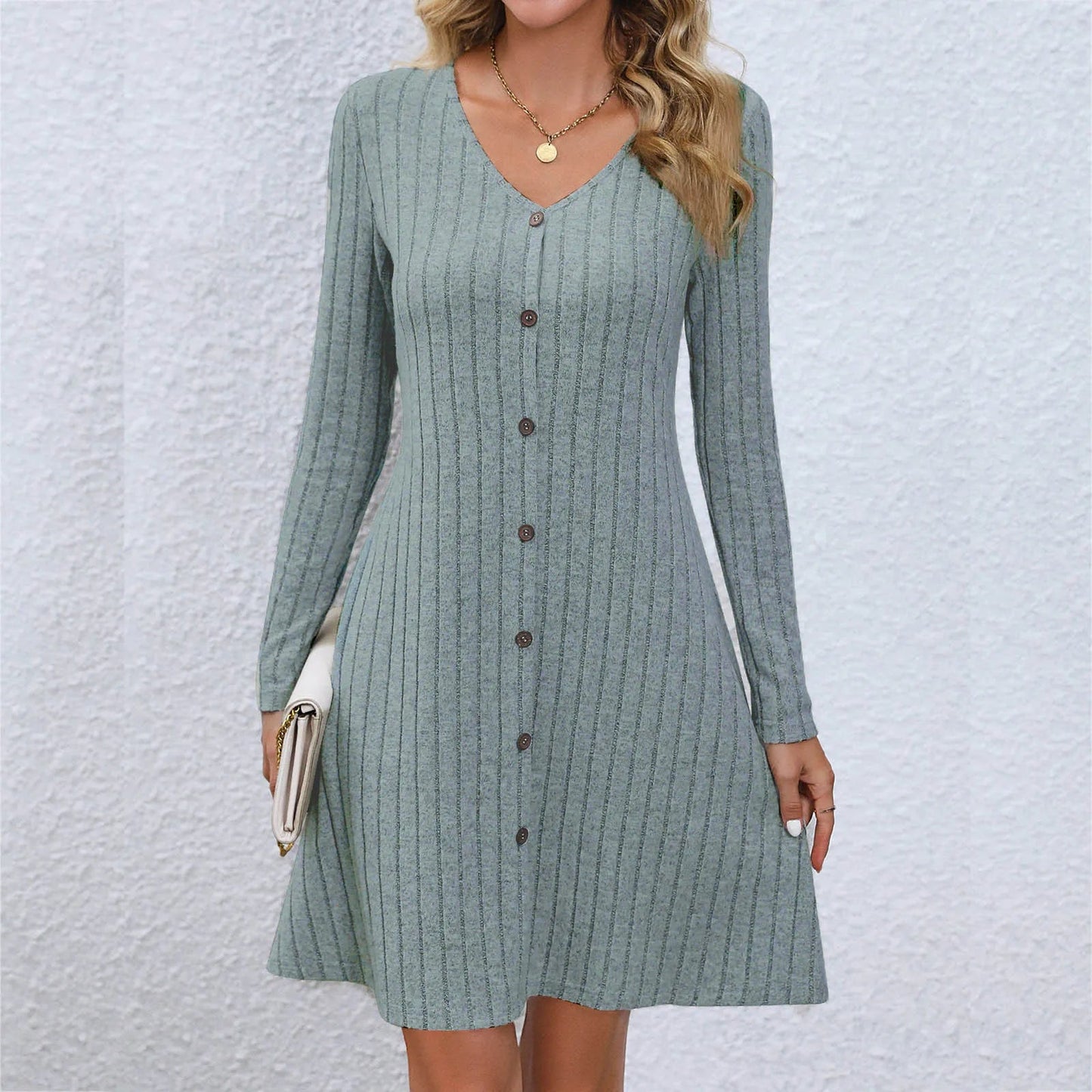 V-neck Buttoned Waist Long Sleeve Color Midi Dress