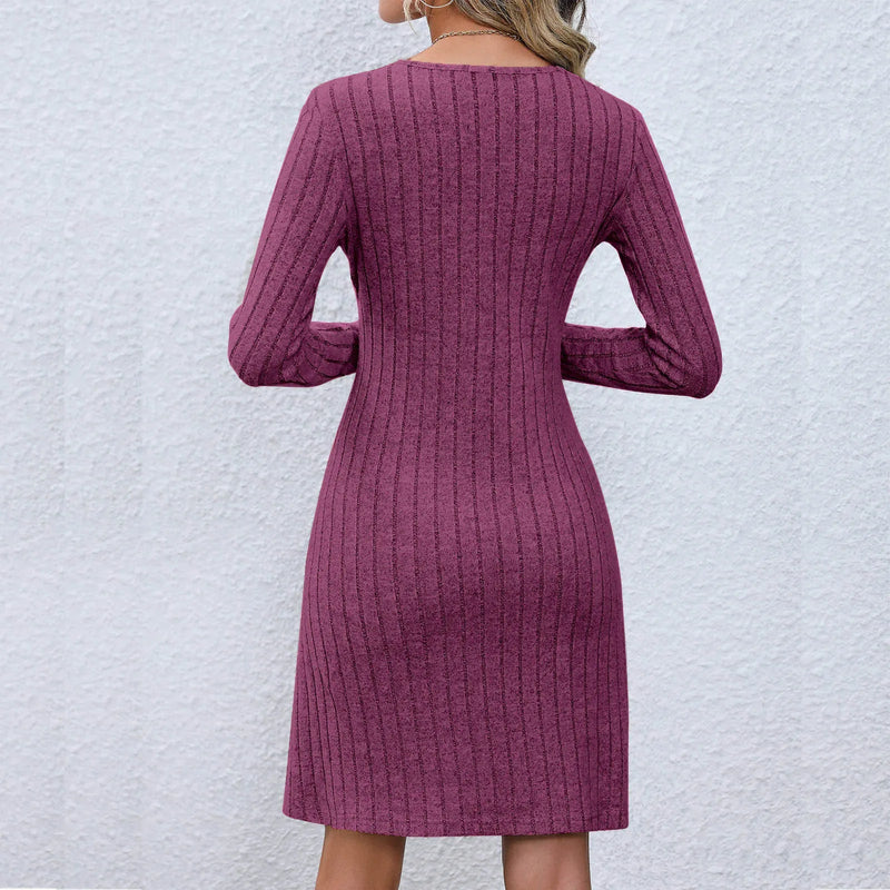 V-neck Buttoned Waist Long Sleeve Color Midi Dress