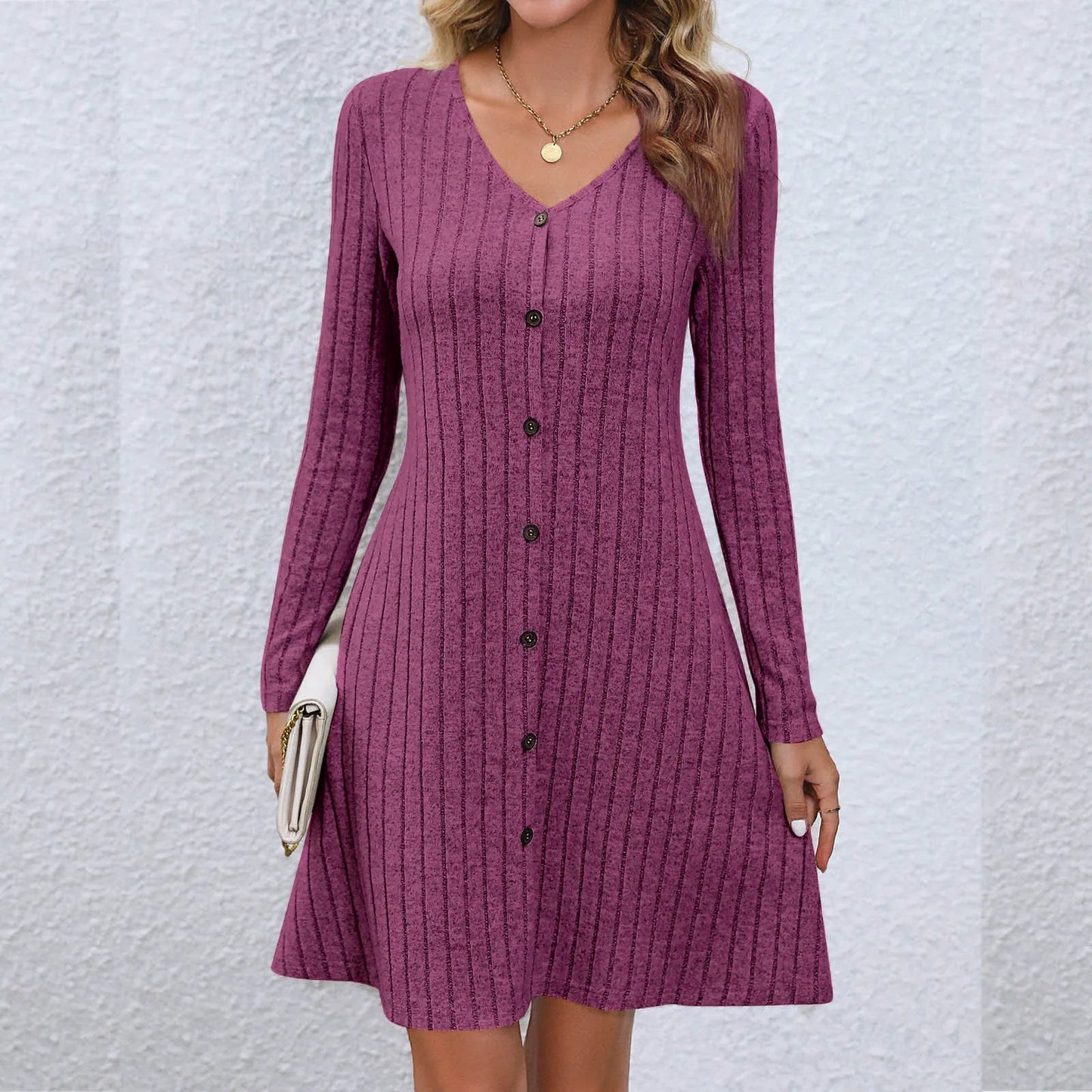 V-neck Buttoned Waist Long Sleeve Color Midi Dress