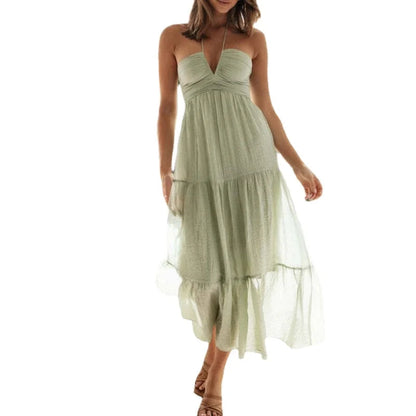 Chiffon Halter V Neck Flowy a Line Backless Tiered Midi Dresses