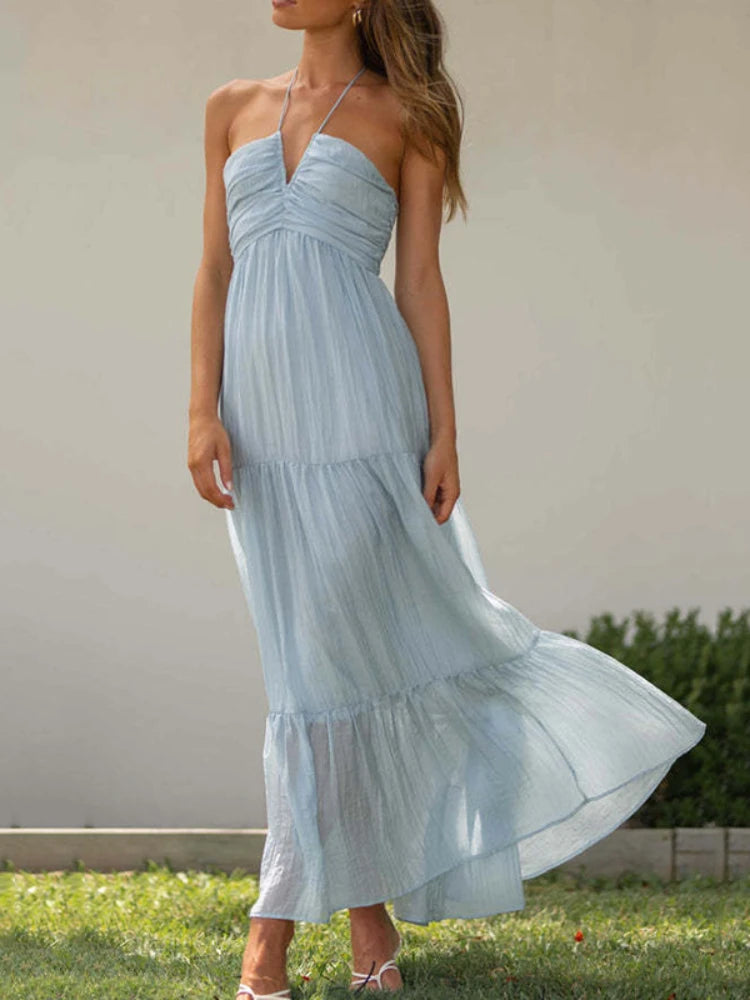Chiffon Halter V Neck Flowy a Line Backless Tiered Midi Dresses