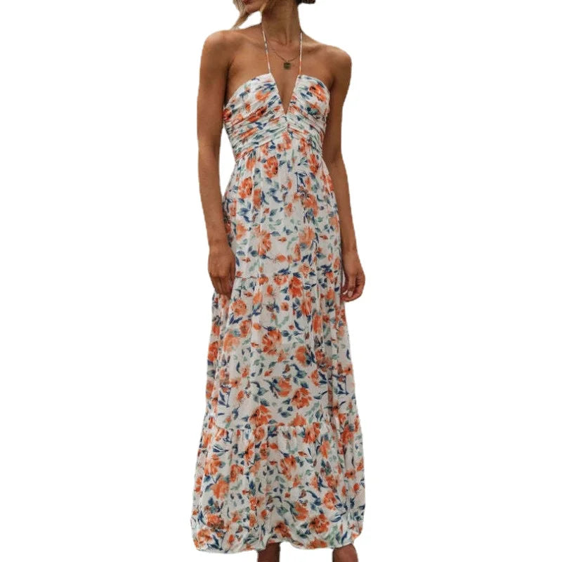 Chiffon Halter V Neck Flowy a Line Backless Tiered Midi Dresses