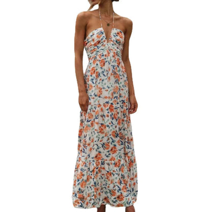 Chiffon Halter V Neck Flowy a Line Backless Tiered Midi Dresses