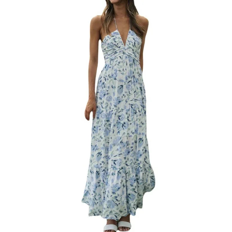 Chiffon Halter V Neck Flowy a Line Backless Tiered Midi Dresses