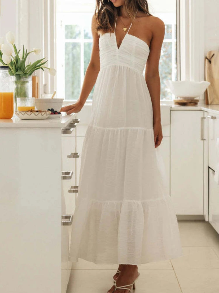 Chiffon Halter V Neck Flowy a Line Backless Tiered Midi Dresses