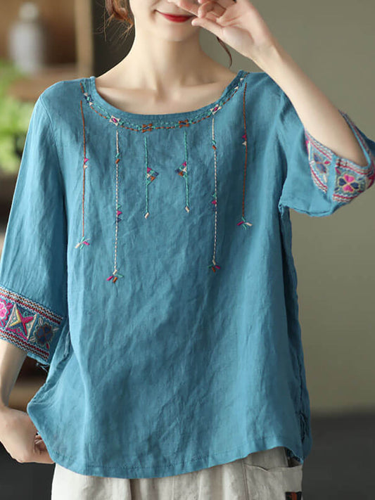 Linen Embroidered T-shirt Qw1029