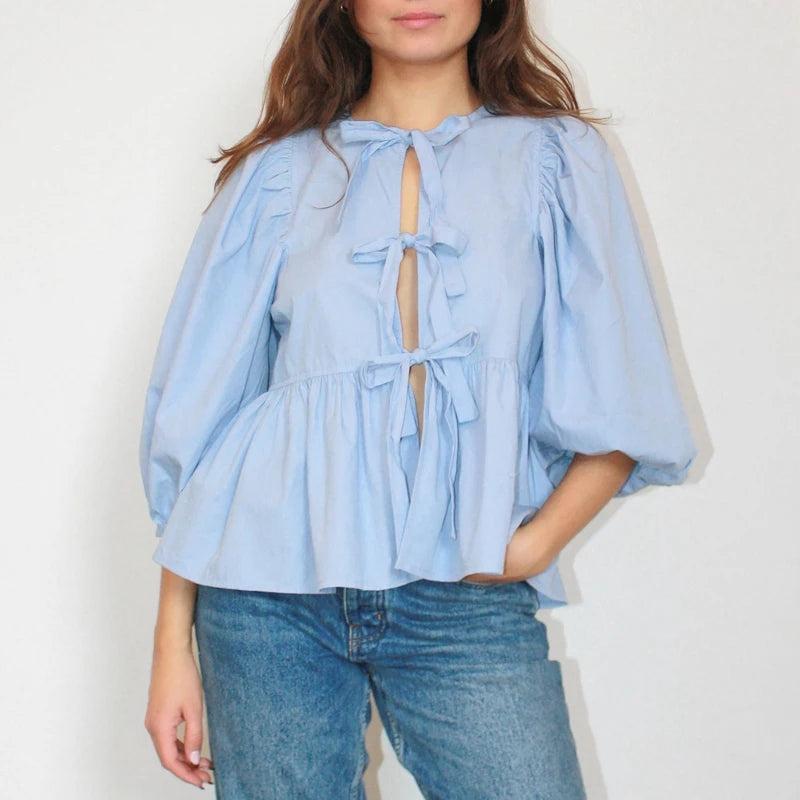 Puff Short Sleeve Peplum Tie Front Blouse