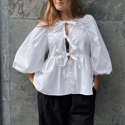Puff Short Sleeve Peplum Tie Front Blouse