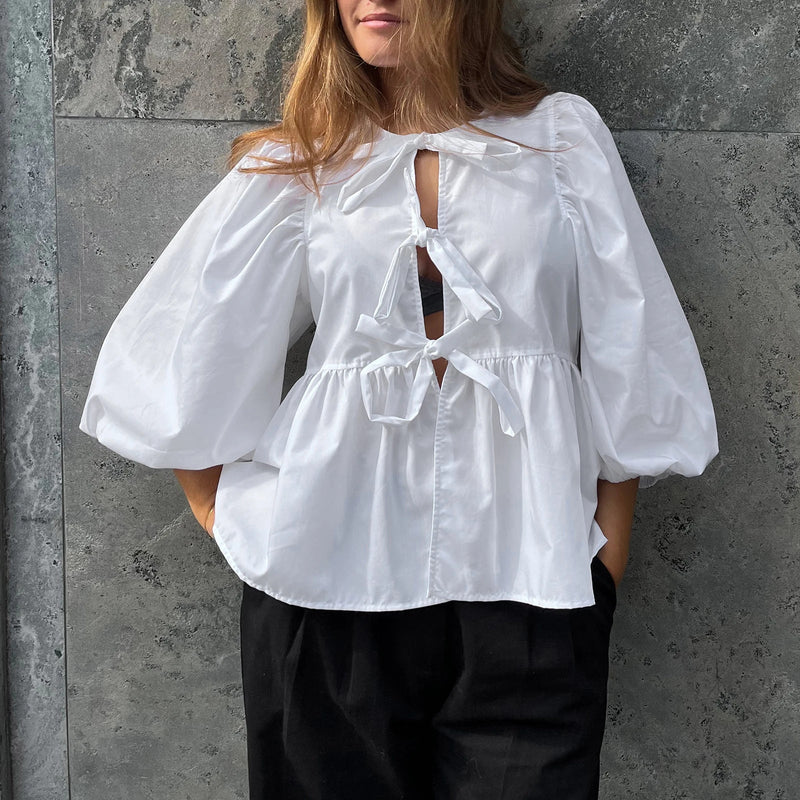 Puff Short Sleeve Peplum Tie Front Blouse