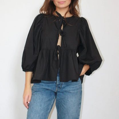 Puff Short Sleeve Peplum Tie Front Blouse