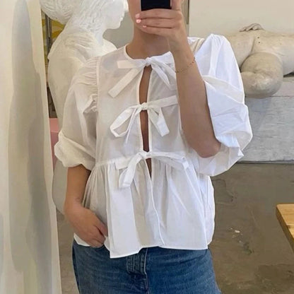 Puff Short Sleeve Peplum Tie Front Blouse