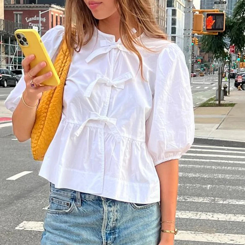 Puff Short Sleeve Peplum Tie Front Blouse