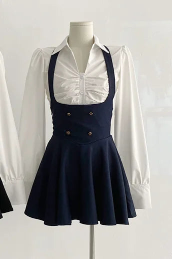 Y2k 3 Piece Set Cropped Coat + Long Sleeve Shirt + High Waist Halter Ruffles Mini Dress Korean Outfits