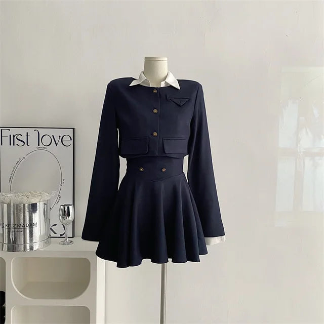Y2k 3 Piece Set Cropped Coat + Long Sleeve Shirt + High Waist Halter Ruffles Mini Dress Korean Outfits