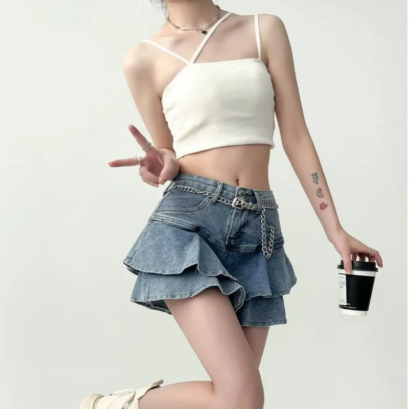 Ruffled Micro Denim School Skirt