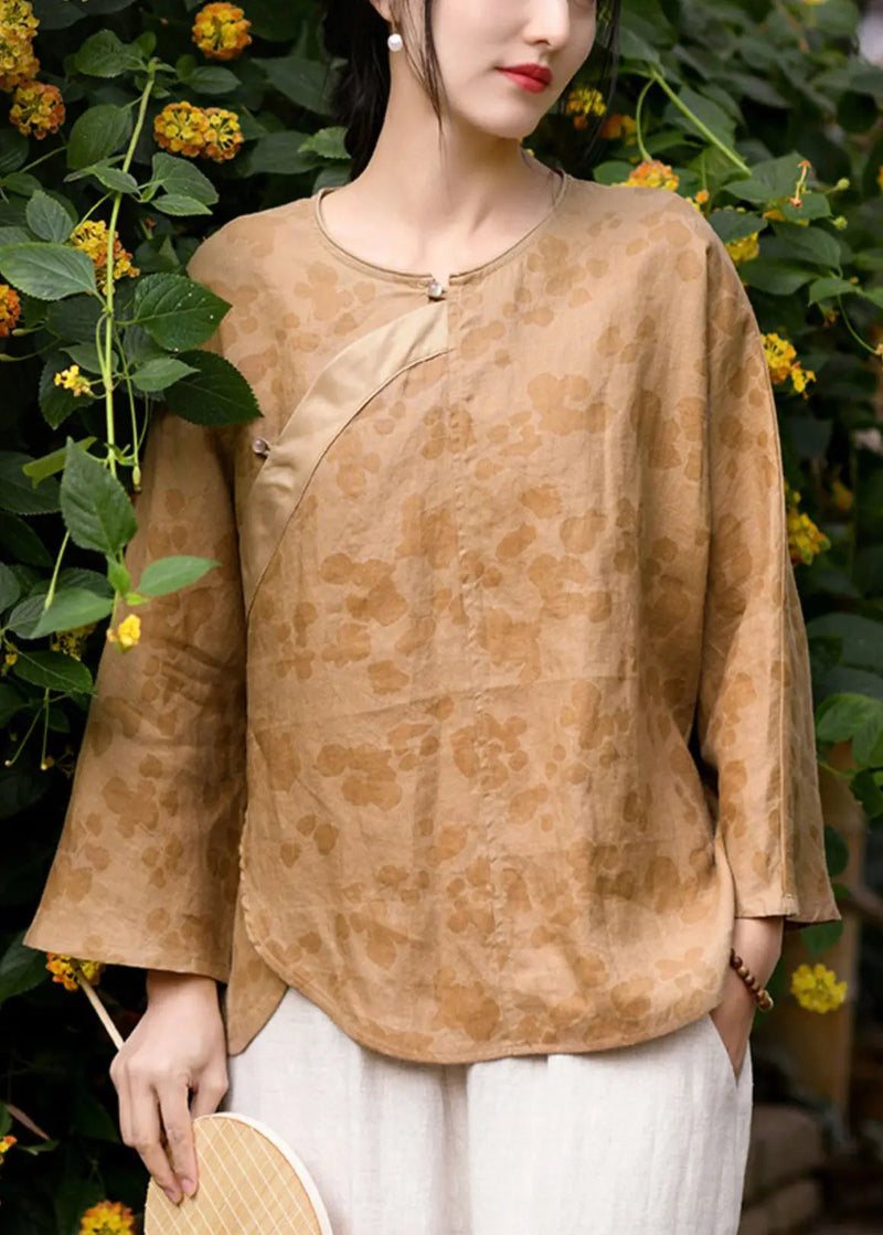 Yellow Button Print Linen Blouses O Neck Long Sleeve Cg1045